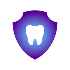 Glowing tooth image inside a purple shield. Tooth protection idea. EPS 10