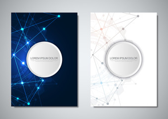 Brochure template or cover design. Digital technology with plexus background and space for your text. Geometric abstract background of connecting dots and lines.