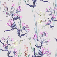 Fototapeta premium Blueweed Flower Seamless Pattern. Watercolor Background.