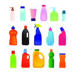 Set of multicolored Plastic bottles from household chemicals, detergents, home cleaning, Laundry, washing, as well as personal care products, cream, liquid soap, deodorant, lotion.Vector flat template