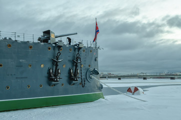 The bow of the  battleship cruiser "Aurora" frozen into ice.