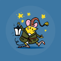 Vector illustration of cute hand drawn mouse character in sleeping cap and bassrobe holding lantern with stars on background smiling. 2020 year mascot. For kid prints, nursery design, sticker, card.