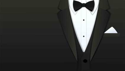 Close up of classic formal male tuxedo and bow tie with copy space, Paper art cut and craft style background