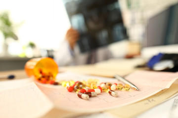 Pile of medicament lying at GP working table