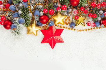Christmas card. Winter composition border with white snow, Xmas decor and red star