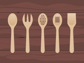 Fototapeta premium Wooden spoons on wood texture background. Kitchen utensils made of wood. Mixing spoon, spatula, fork, strainer. Kitchen tools set. Cooking concept. Cook equipment. Vector illustration, flat, clip art.