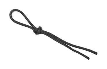 Black rope isolated on white background, top view 