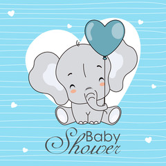 Baby shower invitation.Cute elephant with blue background and hearts