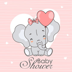 Baby shower invitation.Cute elephant with pink background and hearts