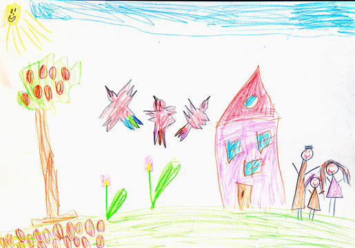 The world through the eyes of a child. Child's drawing of a family. Happy childhood concept.