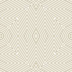 Modèle sans couture de lignes géométriques or et blanc. Fond linéaire vectoriel doré avec rayures diagonales, losanges, triangles. Texture graphique monochrome abstraite. Conception reproductible pour la décoration, les impressions