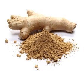 Ginger root and powder isolated on white background, top view