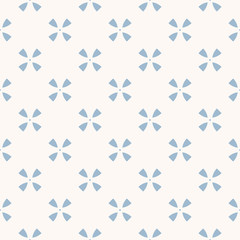 Fototapeta na wymiar Blue and white geometric seamless pattern with small flower shapes, crosses. Simple minimalist vector texture. Abstract minimal floral background. Repeat design for decor, textile, wallpapers, fabric