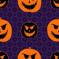 Vector seamless Halloween pattern. Cute funny background with scary pumpkins