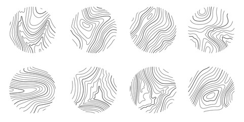 Set rings of topographic line map, circular geographic grid map