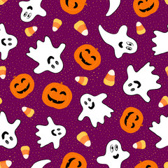 Halloween pattern. Vector seamless background texture with cute smiling orange pumpkins, spooky ghosts, candy corn. Funny repeatable design for kids, boys and girls, decoration. Simple cartoon graphic