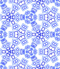 Blue kaleidoscope seamless pattern. Geometric abstraction on white background. Useful as design element for texture and artistic compositions.