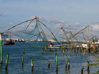 Kerala, Inde du Sud, Cochin ou Kochi, Carrelets chinois, pêche