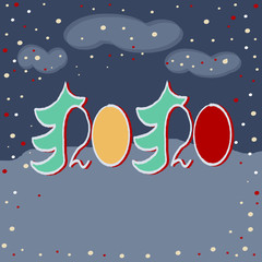 2020 Christmas tree on a winter snowy background. Hand drawn Vector Greeting Card for New Year Design.