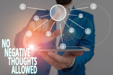 Word writing text No Negative Thoughts Allowed. Business photo showcasing Always positive motivated inspired good vibes Male human wear formal work suit presenting presentation using smart device