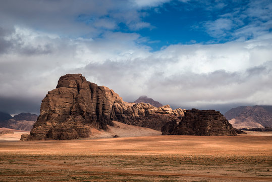 Sandstone rock formations at Wadi Rum protected desert area, southern Jordan