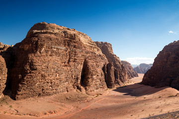 Fototapeta premium Wadi Rum desert is a valley cut into sandstone and granite rock formations in the south of Jordan