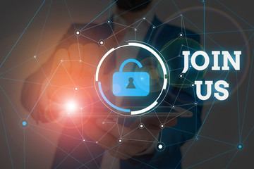 Conceptual hand writing showing Join Us. Concept meaning Register in community Team or blog Sign up at social media Male wear formal suit presenting presentation smart device