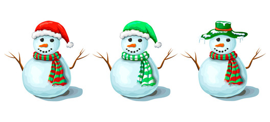vector collection of Christmas snowmen isolated on white background. Cute smiling snowmen set in various santas hats and holidays scarfs. xmas or winter symbol. hand drawn cartoon frosty characters