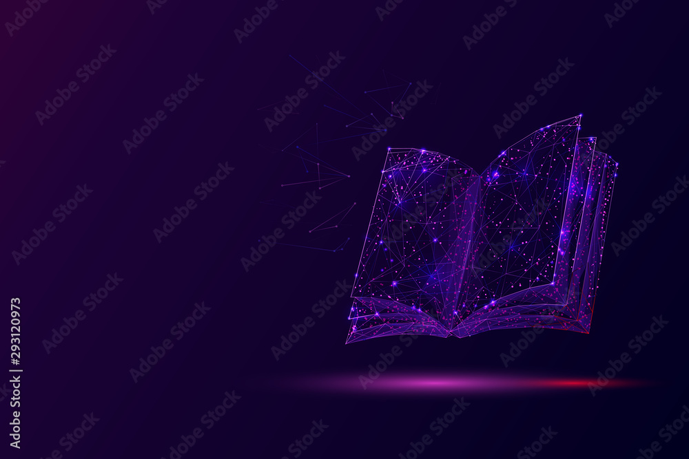 Leinwandbilder Open book low poly vector illustration. 3d encyclopedia. Polygonal textbook, dictionary. Education, information, knowledge metaphor mesh art with connected dots. Reading hobby concept ..