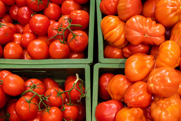 Elevated view to two different sorts of sweet delicious organic tomatoes - with green end and without.