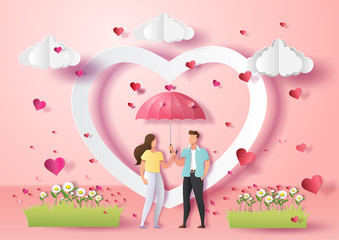 Happy Valentine Day, cute couple in love holding umbrella with many hearts background, paper art and craft style.