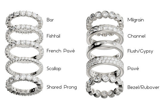 Variously set eternity diamond rings with design name on white background