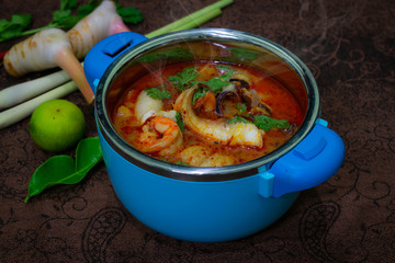 Tom Yum Seafood Soup Recipe Thai hot spicy soup shrimp with lemon grass , Thailand Food