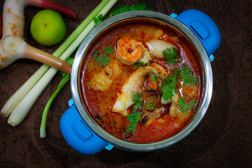 Tom Yum Seafood Soup Recipe Thai hot spicy soup shrimp with lemon grass , Thailand Food