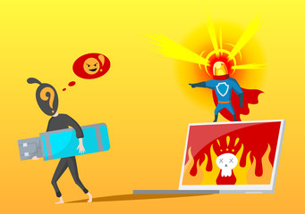 Hackers and cyber criminals phishing stealing private personal data, credentials, password, bank document email and credit card. Small anonymous hacker man attacking computer. Flat vector illustration