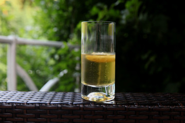 The beer with lime in the glass.