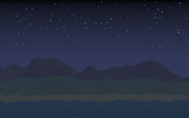 Naklejka premium Starry moonless sky. Ocean shore line with waves on a beach. Island beach paradise with waves. Vacation, summer, relaxation. Seascape, seashore. Minimalist landscape, primitivism. 3D illustration