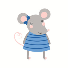 Hand drawn vector illustration of a cute funny mouse girl in a dress, with a ribbon. Isolated objects on white background. Scandinavian style flat design. Concept for children print. Cartoon character