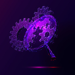 Cogwheels and magnifier low poly vector illustration. 3d gears on dark violet background. Polygonal magnifying glass mesh art with connected dots. Searching for solution, engineering idea metaphor