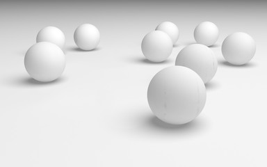 White abstract background. Set of white balls isolated on white backdrop. 3D illustration