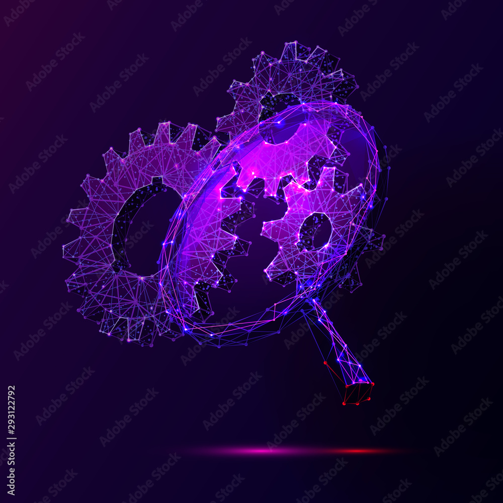 Poster cogwheels and magnifier low poly vector illustration. 3d gears on dark violet background. polygonal 