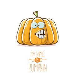 vector funny cartoon cute orange smiling pumkin isolated on white background. My name is pumkin vector concept illustration. vegetable funky halloween or thanksgiving day character