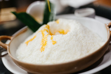 Bingsu or bingsoo is a very popular and elaborate snack/dessert in East Asia especially during the summer season. This snack is composed of ice shavings and various ingredients such as sweetened conde