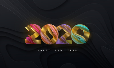 Happy New 2020 Year. Vector holiday illustration. Colorful layered numbers 2020 isolated on black paper cut background. Festive event banner. Decoration element for poster or cover design