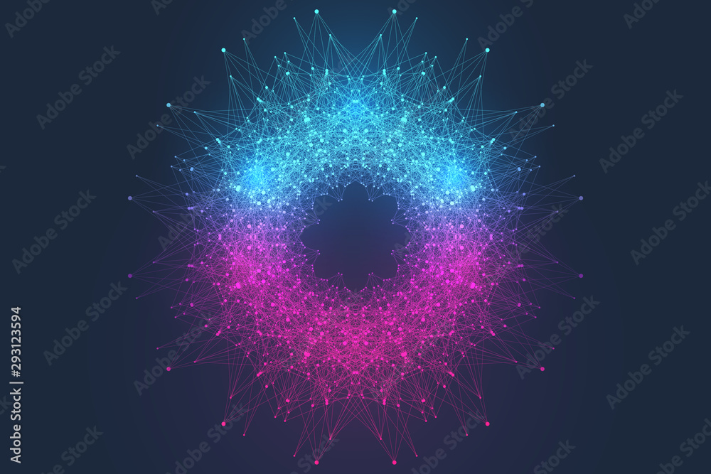 Poster Quantum computer technology concept. Sphere explosion background. Deep learning artificial intelligence. Big data algorithms visualization. Waves flow. Quantum explosion, vector illustration