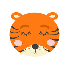 Hand drawn illustration of a cute funny tiger. Scandinavian style flat design.