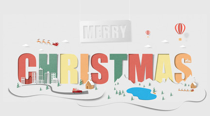 Merry Christmas landscape background in paper cut style. Vector illustration Christmas celebration with cityscape and countryside.