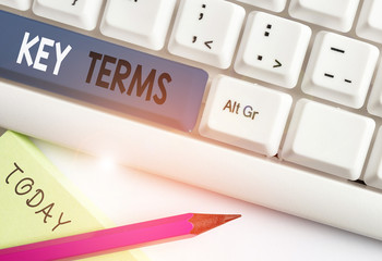 Writing note showing Key Terms. Business concept for Words that can help a demonstrating in searching information they need White pc keyboard with note paper above the white background