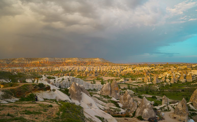 Sunset panoramic view to Goreme city, Cappadocia, Turkey