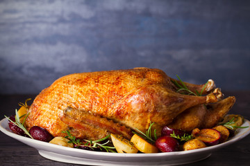 Baked duck with potatoes, plums, rosemary and thyme, close-up on plate, two glasses of red wine. Horizontal, room for text, copy space